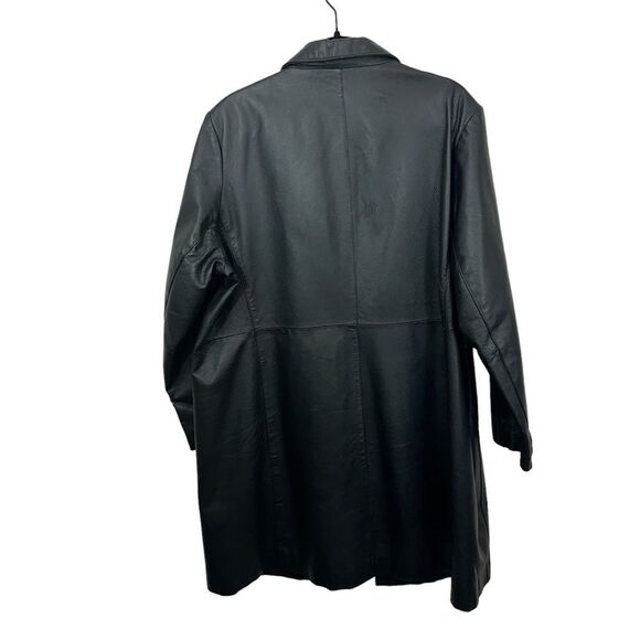 VTG John Paul Richard Black Leather Long Line Button Front Trench Coat, Size 18 - Picture 3 of 4